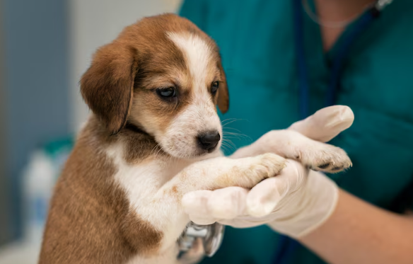 Gros plan sur un adorable chiot marron et blanc, tenu et examiné avec douceur par une main gantée dans un environnement vétérinaire.