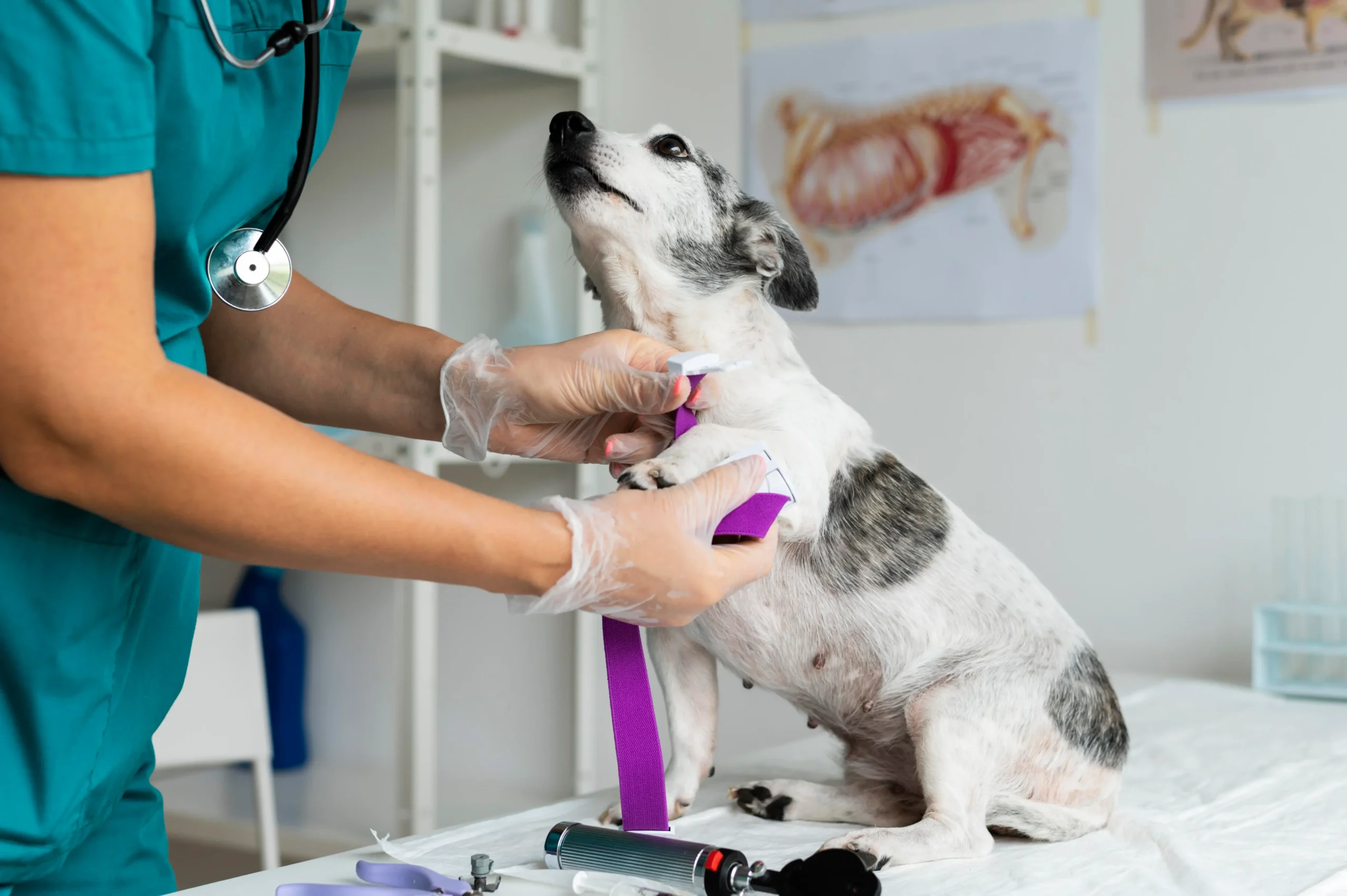 ros plan sur un adorable chiot noir, blanc et brun, regardant le stéthoscope tenu par un vétérinaire en gants blancs.