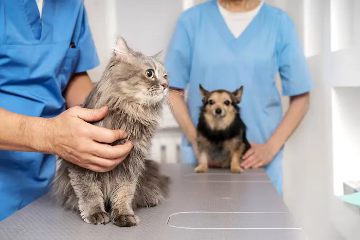 Vétérinaires examinant un chat gris à poils longs et un petit chien brun et noir sur une table de consultation.