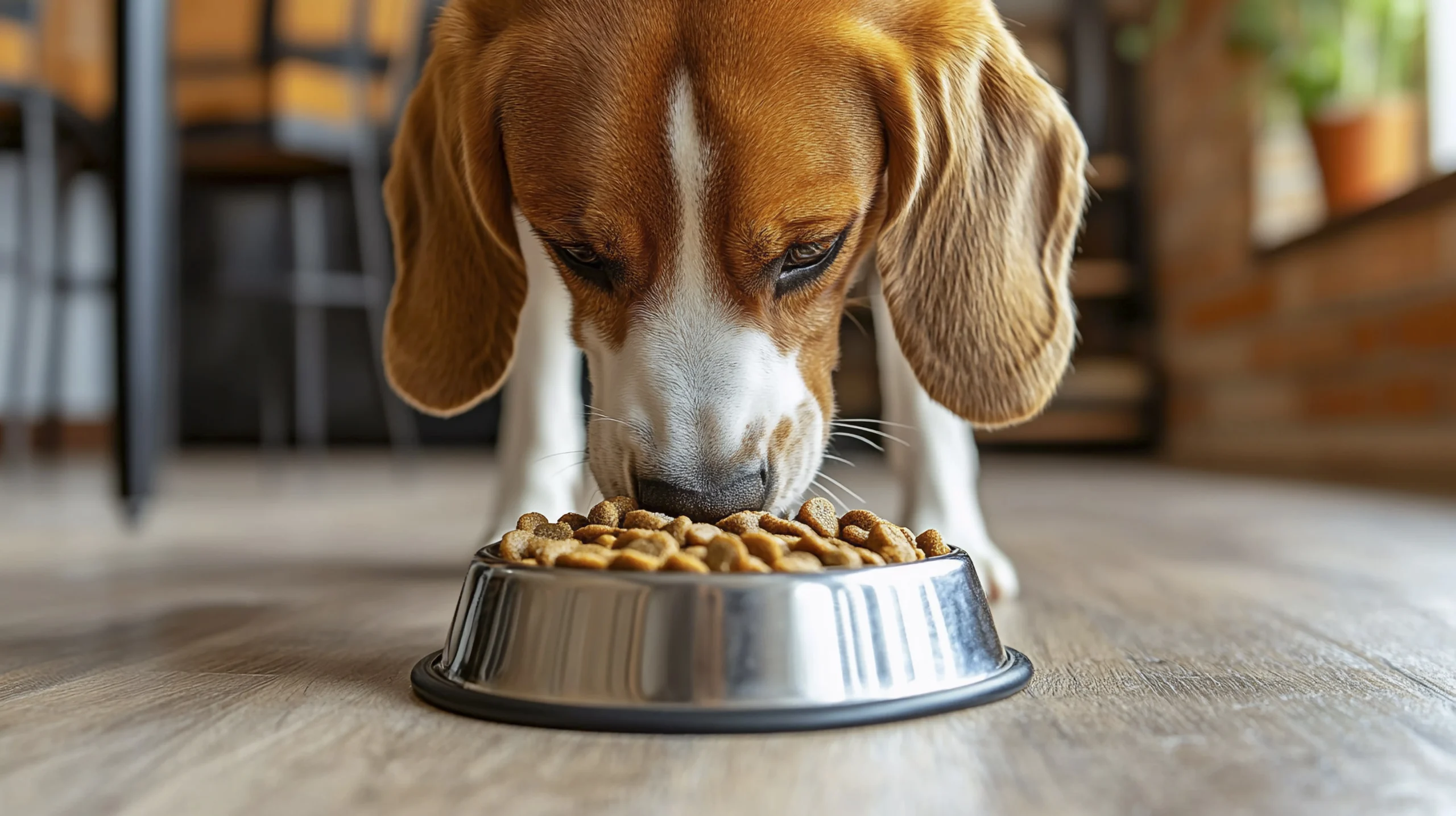 Gros plan sur un chien Beagle tricolore mangeant des croquettes dans une gamelle en métal, vu au niveau du sol.