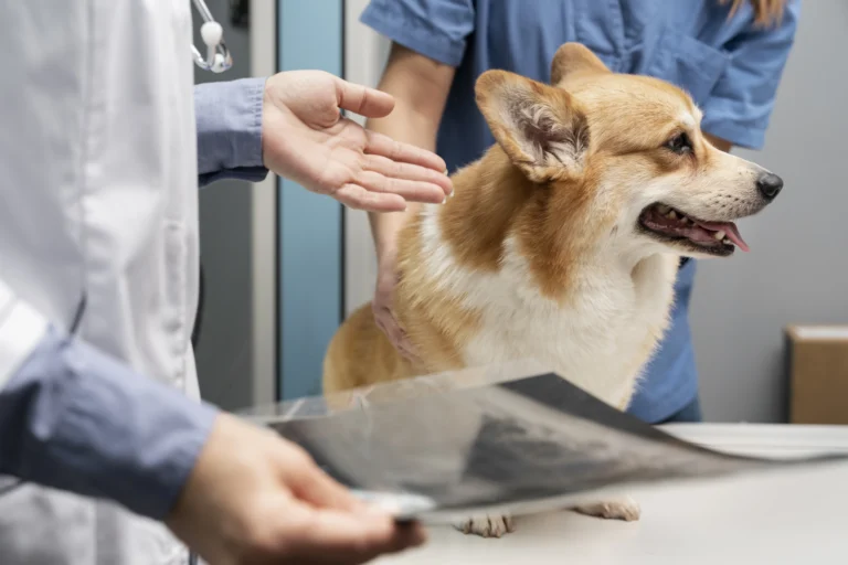 Un vétérinaire en blouse blanche regarde une radiographie, tandis qu'un chien Corgi de couleur roux et blanc se tient sur la table d'examen avec un assistant en arrière-plan.